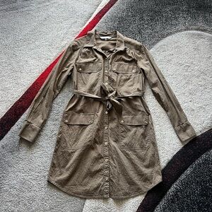 Trina Turk Olive Green Button Front Tie Waist Shirt Dress